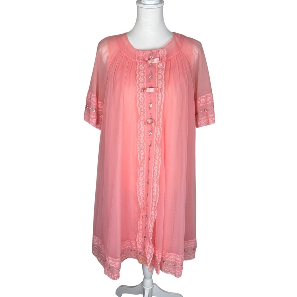 Vintage Shadowline Peignoir Set Pink Floral Lace Embroidered Robe Gown Small